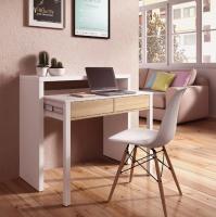 Meimon Mesa auxiliar extensible con 2 cajones en Blanco Ark, sistema PUSH, ruedas y patas MDF, fabricada en tablero de partículas melaminizado E1 con guías metálicas, cantos PVC y acabado blanco; medidas cerrada 87,5x98,5x36 cm y abierta 87,5x98,5x66 cm - details 2