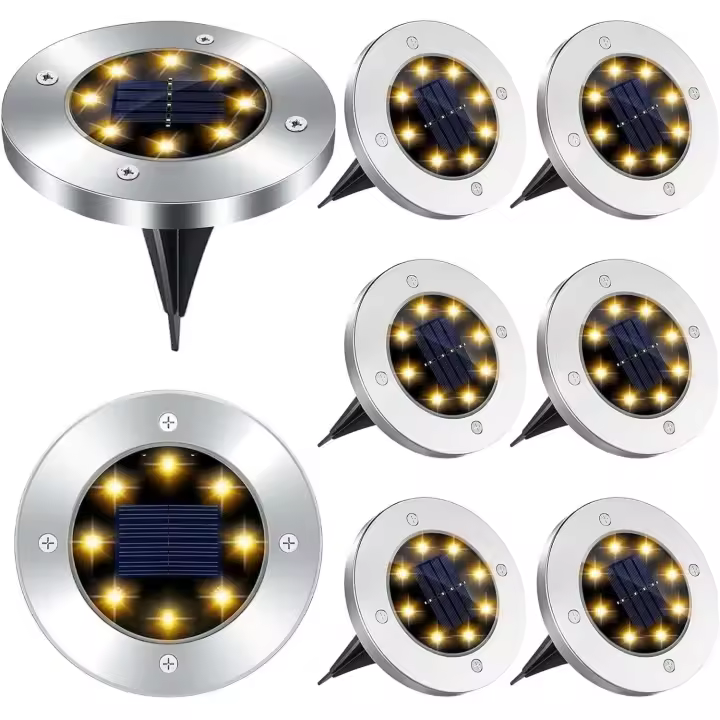 luces LED solares para exteriores, 8 piezas de luces solares para jardín, resistentes al agua IP65, foco solar para jardín, luz empotrada, para pasarelas, caminos, terrazas, patios, césped subterráneo empotrado (luz cálida) - 1