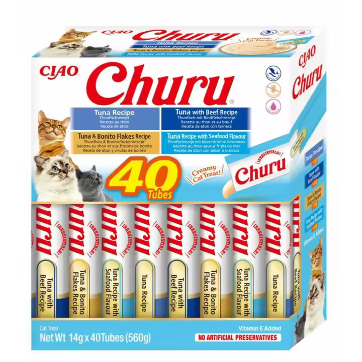 CHURU- INABA- Premios para Gatos - Snacks de Atun , Varios Sabores - Textura Cremosa - Bajo en calorias- Sin Cereales 40x14g - 1