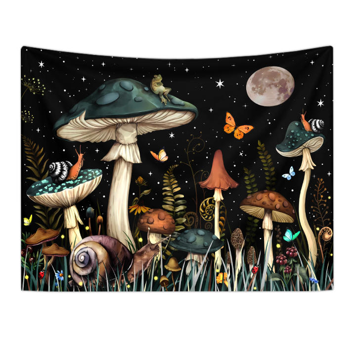 Tapiz De Mushroom 1pc Decoración De Pared Para Dormitorio Con Patrón De Hongo Luna Plantas Mariposa Caracol Rana Tela Colgante De Polyester Clásico Estilo