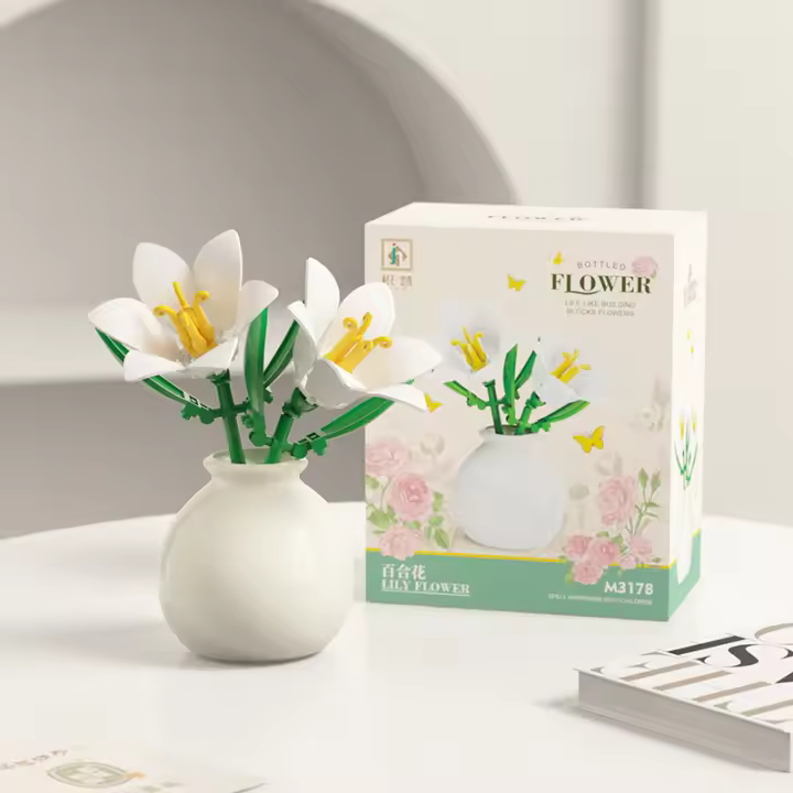 Bloques de construcción de flores de simulación inmortales, arreglos florales, adornos de escritorio, bloques de construcción de ensamblaje de jarrones, regalo de San Valentín - 1