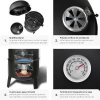 Barbacoa de Carbón Vegetal, Ahumador Barbacoa con 2 Puertas Laterales de Ventilación, Orificio Regulable, Termómetro, Cuenco para Agua, Parilla Cromada, Asador de Carne - details 1