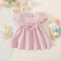 Vestido De Verano Para Bebé Niña En Color Sólido Con Cuello Redondo Y Lazo Para Uso Diario De Longitud De Rodilla - details 3
