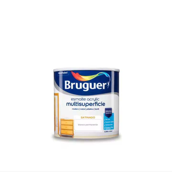 BRUGUER ESMALTE ACRÍLICO MULTISUPERFICIE SATINADO BLANCO PERMANENTE 0,250L - 25020 Esmalte acrílico Accesorios y recambios para Pintura Esmalte Pinturas - 1