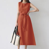 Vestido Largo De Verano Para Mujer Estilo Vintage De Algodón Y Lino Cuello Redondo Sin Mangas Cinturado Talla Grande Casual - details 12