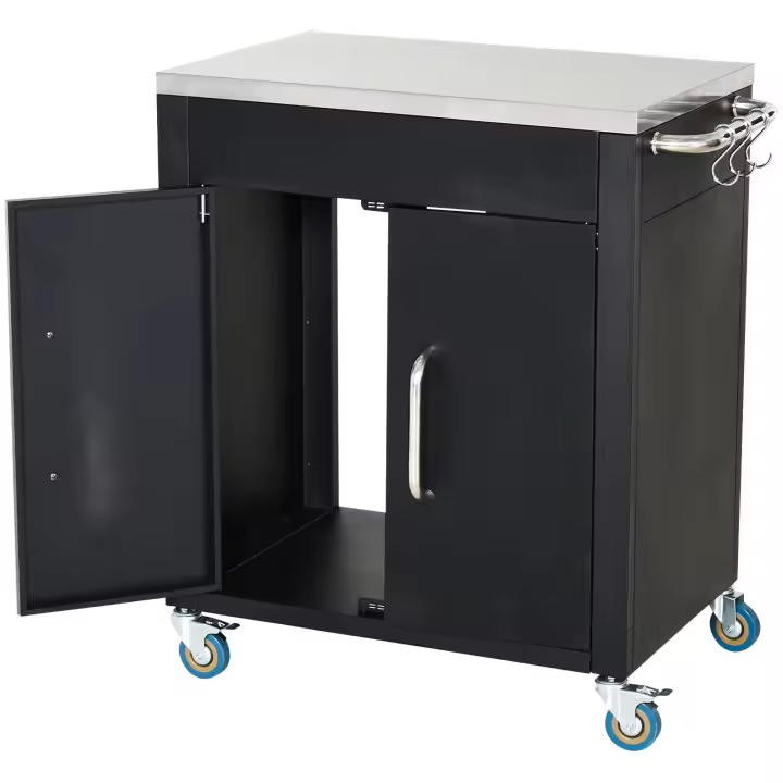 HOMCOM Carro de cocina con ruedas, carro de servicio, carro de cocina con armario, ganchos y asas de acero inoxidable, carro con ruedas, ayudante de cocina, negro, 86 x 50 x 86,5 cm - 1
