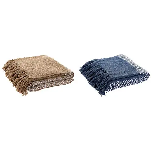 DAMDAM GO  Juego de 2 Plaid de Sofa Algodon Rombos Azul y Marron 170x130 cm - 1
