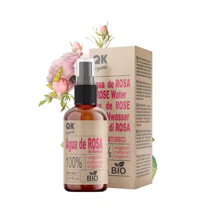 QKnatur - Agua de Rosa de Damasco - 100ml - Tónico facial 100% puro y Natural para rostro, contorno de ojos, escote - Botella de vidrio con Spray - 1