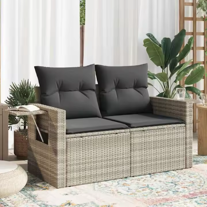 vidaXL Sofá de jardín con cojines 2 plazas ratán sintético en color Gris/beige y gris/Negro y crema y más | acolchados duraderos para sofás de jardín terraza exterior - 1