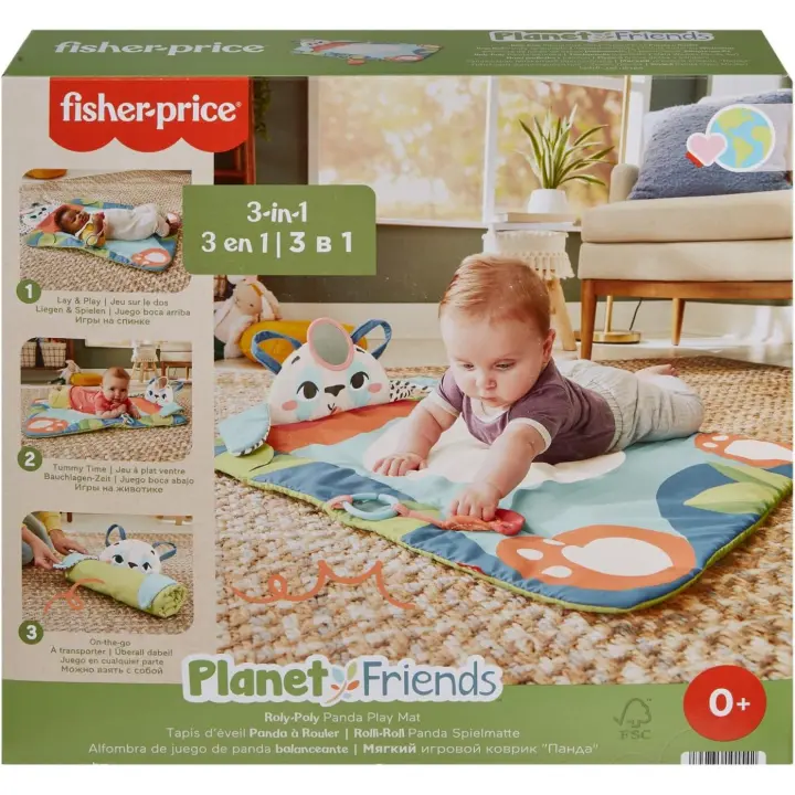 Fisher-Price Planet Friends Alfombra Panda 3 en 1 Manta de Actividades, recién Nacido, Fabricado con un 90% de plástico Reciclado y Embalaje Certificado FSC, (Mattel HKD65) - 1