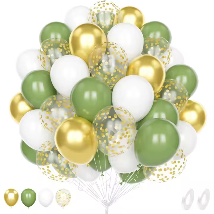 Ballon Vert Sauge, 60 Pièce 12 Pouces Vert Sauge Blanc Métallique Or Confettis Ballon pour Décoration Fête d'Anniversaire Douche Mariage Baby Shower Fiançailles Décor de Fête - 1