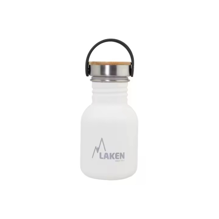 LAKEN Basic Steel Bambú - Botella de Agua 0.35L en Acero Inoxidable con Asa. Blanco - 1