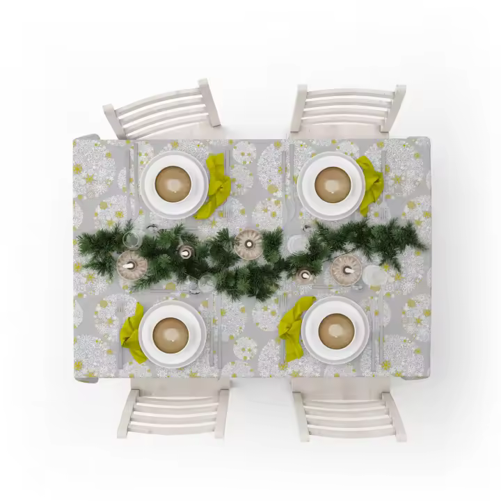 Lafabricadelastelas-Mantel Navidad  color gris y mostaza, tela algodón loneta estampada, lavable, suave, tejido de calidad, cuadrado y rectangular. Decoración hogar, cocina, salon ,comedor, balcón. Noche buena, navidad, noche vieja. - 1