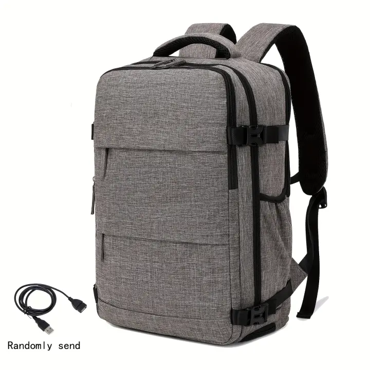 Mochila de viaje multifuncional de gran capacidad, mochila para portátil de color liso con puerto de carga USB, mochila perfecta para viajes, negocios y desplazamientos. - 1
