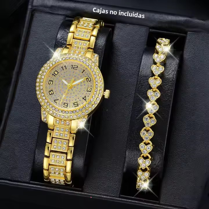Reloj De Mujer De Lujo 2PCS Oro Con Diamantes Y Corazón Reloj De Cuarzo Elegante Con Pulsera Estilo Casual Para Mujer - 1
