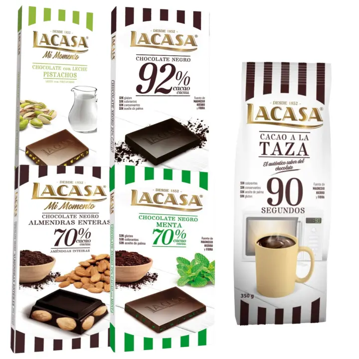 Lacasa pack de 5 tabletas de chocolate de diferentes sabores:taza 350g ,leche pistacho 90g, menta,cacao 92% , almendra 200g - 1