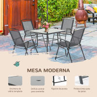Outsunny Conjunto de Muebles de Jardín con 4 Sillas Plegables Mesa de Comedor de Vidrio y Sombrilla Inclinable Protección del Sol para Patio Terraza Exterior 80x80x70 cm - details 3