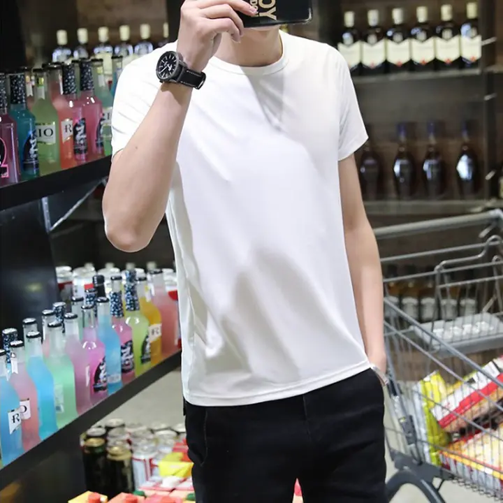 Camiseta Slim Para Hombre Camiseta Sencilla Estándar En Blanco Y Negro Top Casual De Polyester Para Todo El Año - 1
