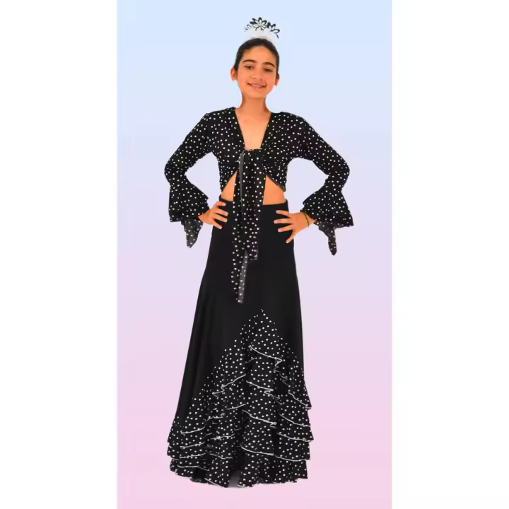 Falda de niña Flamenca Negra con Volantes negros y Lunares Blancos Anuka - 1