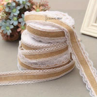 Cinta De Encaje De Lino De Jute Natural 25mm Con Borde De Encaje Blanco Decoración Rustica Vintage Para Bodas Y Centros De Mesa - details 2