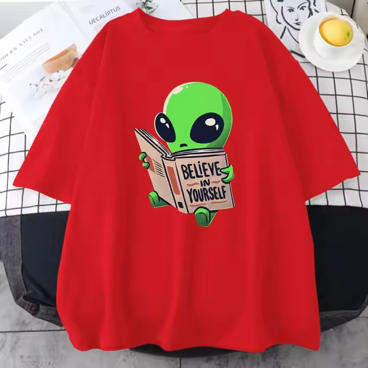 Camiseta De Algodón Verde Para Hombre Con Impresión De Alienígena Y Mensaje 'creí En Ti Mismo' Estilo Casual Oversized Vintage Manga Corta Para El Verano - 1