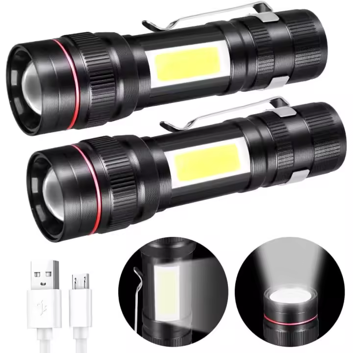 2PCS Indoor LED Recargable, 1500LM Enfoque Ajustable Interior Impermeable con Luz Lateral, Mini Linternas COB Luz 3 Modos para Camping, Caminar, Regalos - 1