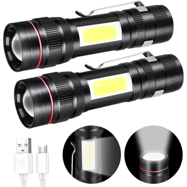 2PCS Linterna LED Recargable, 1500LM Enfoque Ajustable Linterna Impermeable con Luz Lateral, Mini Linternas COB Luz 3 Modos para Camping, Caminar, Regalos - 1