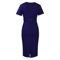 Vestido Elegante Para Oficina Para Mujer Con Cuello En V Manga Corta Cinturón Ajustado Recto Midi Formal Ropa De Negocios Para Mujer - details 44