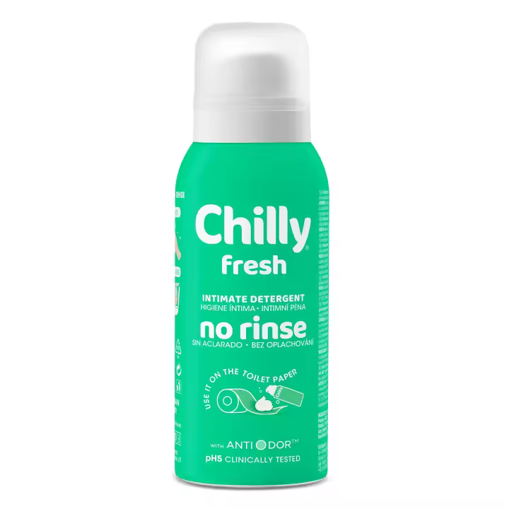 Chilly - Espuma de Higiene Íntima Fórmula Delicada Sin Aclarado Fresh, 100 ml, Limpieza Suave y Práctica para Uso Fuera de Casa, Limpieza Respetuosa, Efecto Calmante con Aloe y Hamamelis - 1