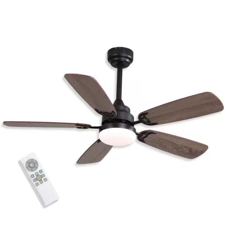 VZLED - Ventilador de techo 107 cm 42" con luz led regulable y control remoto - Motor DC silencioso, 6 velocidades, giro reversible, color negro e imitación madera - 1