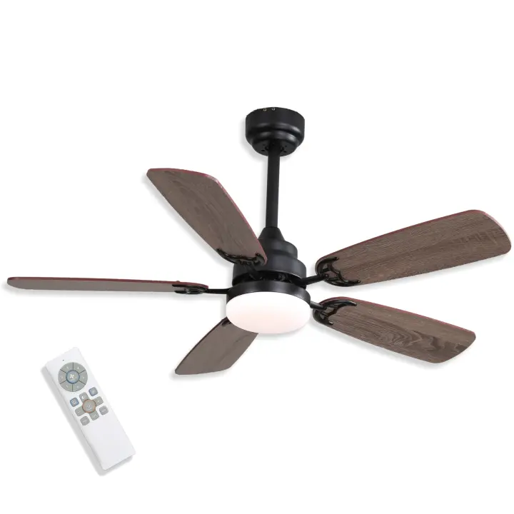 VZLED - Ventilador de techo 107 cm 42" con luz led regulable y control remoto - Motor DC silencioso, 6 velocidades, giro reversible, color negro e imitación madera - 1