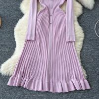 Vestido Largo Maxi Rosa Francés De Moda Con Volantes Y Cuello En V Para Mujer Abrigo De Invierno Estilo Oficina Lady - details 13