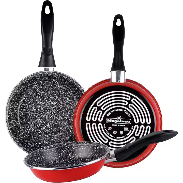 Magefesa K2 – Juego de 3 Sartenes (24/26/28 cm), Acero Esmaltado Vitrificado, Antiadherente Efecto Piedra, Apto para Inducción y Lavavajillas, Color Rojo - 1
