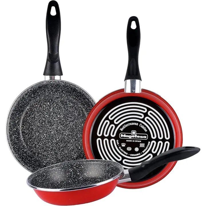Magefesa K2 – Juego de 3 Sartenes (24/26/28 cm), Acero Esmaltado Vitrificado, Antiadherente Efecto Piedra, Apto para Inducción y Lavavajillas, Color Rojo - 1