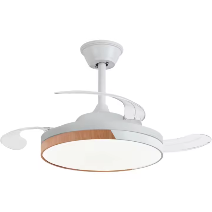 NARVI Ventilador de techo, Sistema integrado de FUNCIÓN CON VOZ, color Madera Haya combinado con Blanco, con 3 aspas retráctiles transparentes , Motor DC 30W,  Luz LED Regulable en intensidad. Con Memoria y Mando. REF. DAKOTA 6063 WDN+WH CON VOZ - 1