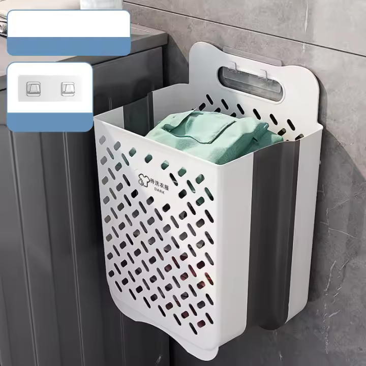 Cesta De Ropa De Baño Plegable Y De Pared Para Almacenamiento De Ropa Sucia Organizador De Lavandería Familiar Material Ecológico Plástico Y Cemento - 1