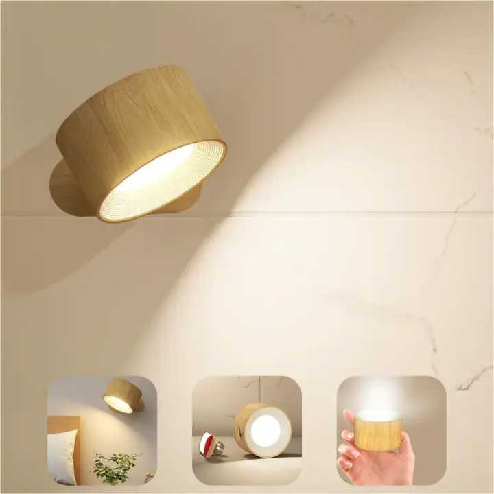 Lámpara de pared para Innenbereich, Touch-LED-Wandlampe MIT USB-Ladeanschluss, Touch-Steerung, 3, 360 ° drehbare Lampe für Schlafzimmer, 1 Packung (Holzmaserung), NPT - 1
