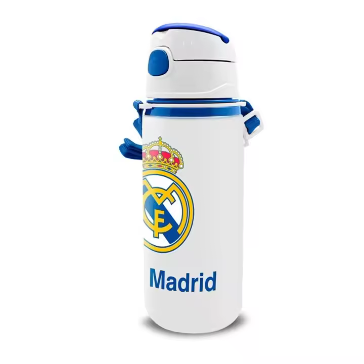 Real Madrid Botella de agua 600ml, Cantimplora aluminio con Correa Real Madrid, Color Blanco y Azul, Botella para Niños y Niñas, Producto Oficial Real Madrid, Regalo Cumpleaños, Navidad, Reyes - 1