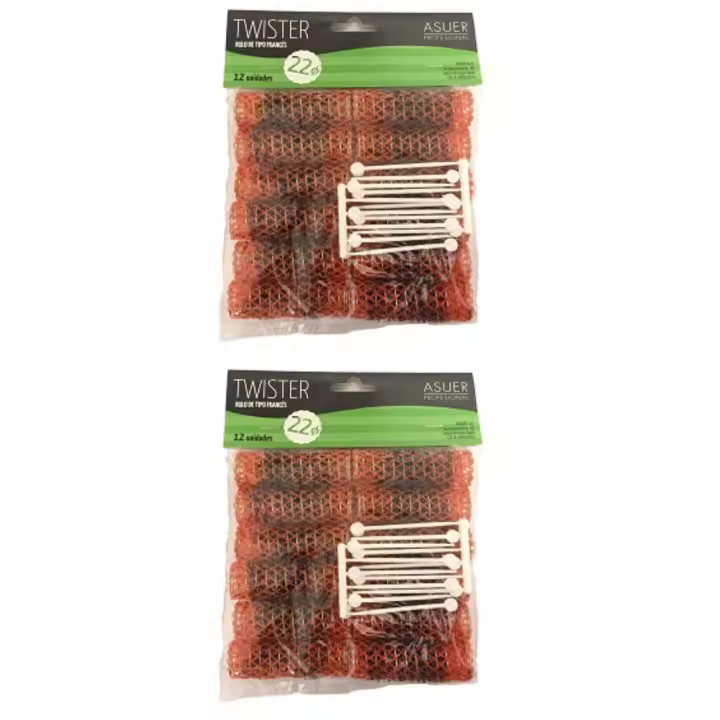 24 Rulos tipo frances tamaño 22mm, 2 paquetes de 12 rulos cada uno. Total 24 rulos mas pinchos. TWISTER ASUER PROFESIONAL - 1