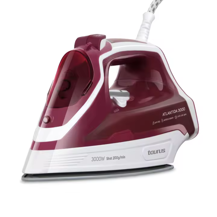 Taurus - Plancha de vapor Atlantida 3000. Color Granate. Material producto Plástico. Potencia 3.000 W. Longitud del cable 200 cm - 1