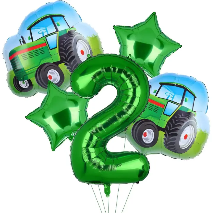 5 globos de tractor, globo de aluminio Mylar con número de cumpleaños de tractor verde, tema de granja, suministros para fiesta de cumpleaños número 2, decoración - 1