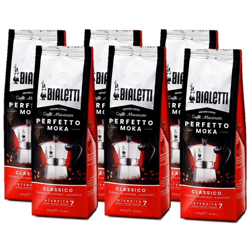 Bialetti Café Molido Italiano - Perfetto Moka: Clásico, Intenso, Vainilla, Avellana, Chocolate, Descafeinado y Delicato -  6 paquetes de 250 gr cada uno (1,5 kg)  Café de alta calidad