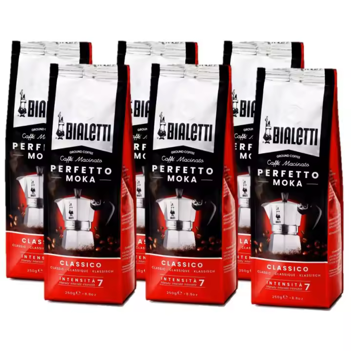 Bialetti Café Molido Italiano - Perfetto Moka: Clásico, Intenso, Vainilla, Avellana, Chocolate, Descafeinado y Delicato -  6 paquetes de 250 gr cada uno (1,5 kg)  Café de alta calidad - 1