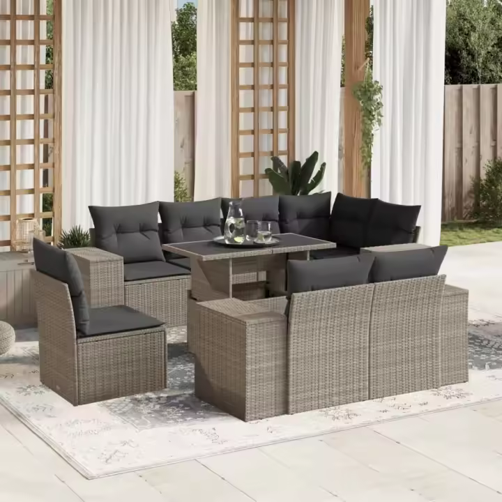 vidaXL Set muebles jardín 9 pzas y cojines ratán sintético gris claro - 1