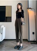 Pantalones De Trabajo Mujer Estilo Casual Cintura Alta Botones Talla Grande Color Caqui Largo Hasta El Tobillo Trasero Ancho - details 57