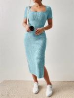 Vestido De Punto Midi Cuello Cuadrado Ajustado En La Cintura Con Abertura Para Mujer Versátil Para Todo El Año Vestido De Oficina - details 7
