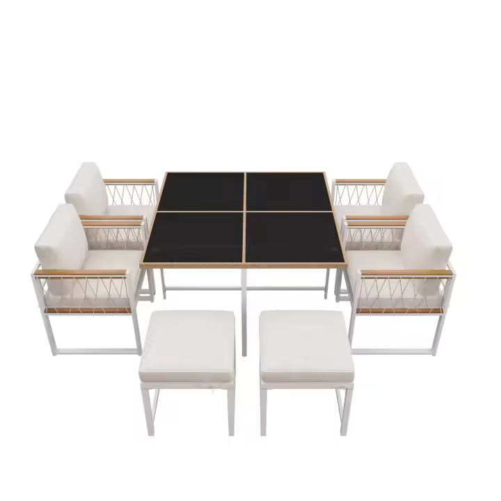 Juego de Mesa y Sillas de Comedor de Exterior de 7 Piezas, 6 Asientos, Mesa de Cristal Templado, Envuelve en Ratán PE, Tapa de Madera de Acacia con Apoybrazos, Jardines. - 1