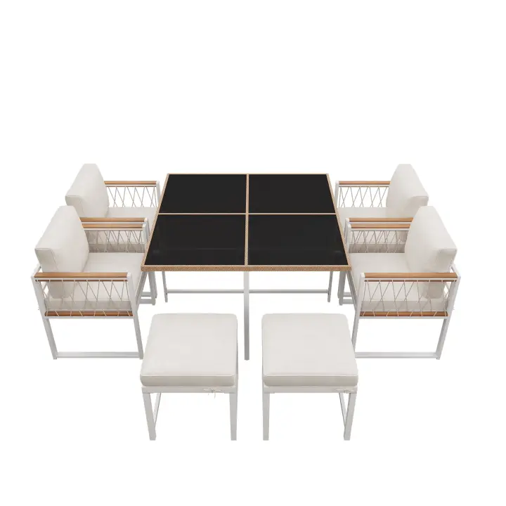 Juego de Mesa y Sillas de Comedor de Exterior de 7 Piezas, 6 Asientos, Mesa de Cristal Templado, Envuelve en Ratán PE, Tapa de Madera de Acacia con Apoybrazos, Jardines. - 1