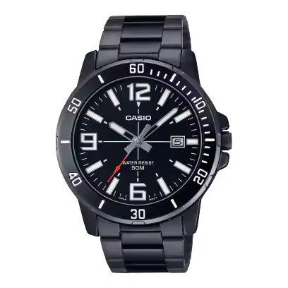 Reloj deportivo Casio MTP-VD01B-1B baño de iones broche triple pliegue dial negro 45mm correa de acero 3 agujas - 1