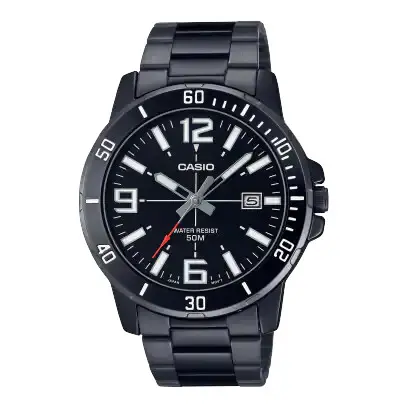 Reloj deportivo Casio MTP-VD01B-1B baño de iones broche triple pliegue dial negro 45mm correa de acero 3 agujas - 1